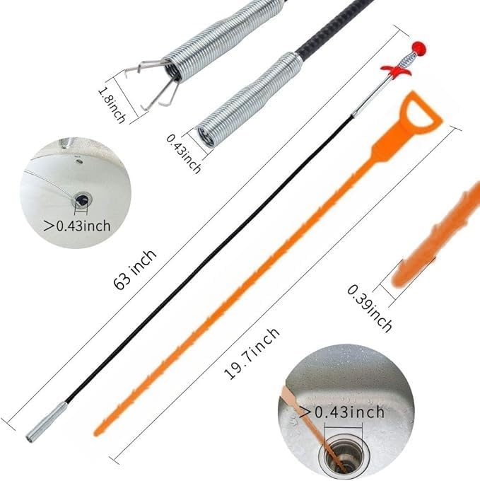 Drain Snake with Bendable Hose & 4 Claws - Flexible Hair Drain Clog Remover Tool for Sink, Toilet, Shower, and Tight Spaces, Grabber Claw Pick Up Reacher for Clogged Drains Cleaning (63in)