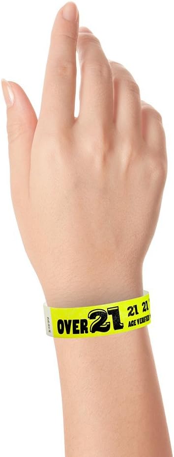 500 WristCo Over 21 Neon Yellow Tyvek Wristbands for Events - ¾” x 10” - Waterproof Recyclable Comfortable Tear Resistant Paper Bracelets Wrist Bands for Concerts Festivals Admission Party