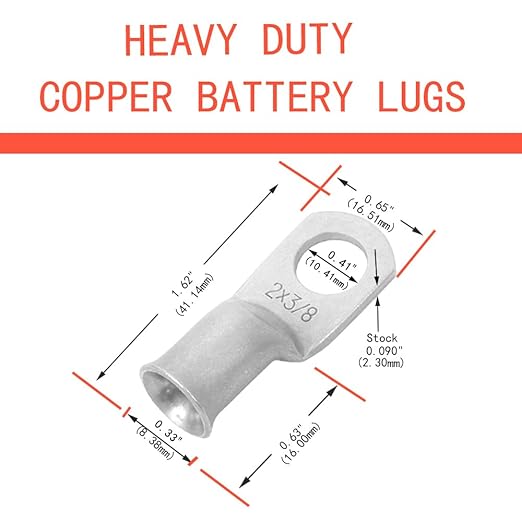 2 AWG 3/8" Stud (25 pcs.), Heavy Duty Tinned Battery Ring Terminal 2 Gauge Connectors 2 Gauge Copper Ring Terminals Wire Lugs Bare Copper Eyelets Tubular Ring Terminal Connectors