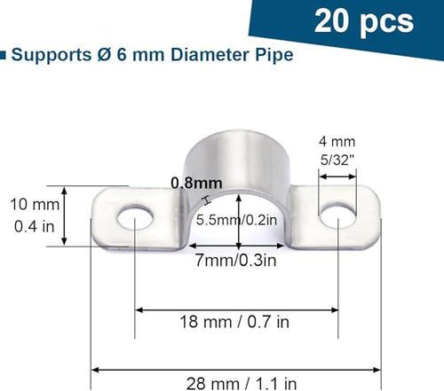 1/4 Inch Stainless Steel Conduit Clamps 2 Hole Pipe Clamps U Pipe Bracket Conduit Fixing Clips, Universal Clamp for Cylindrical Components - Fits OD 6 mm (Approx. 1/4") | 20 Pcs