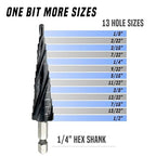 Four Spiral Flute Step Drill Bit, 1/8" - 1/2"(13 Sizes) 1/4" Hex Shank Cobalt Step Drill Bit Fully Coated with TiAlN for Metal, Stainless Steel, Aluminum, Plastic