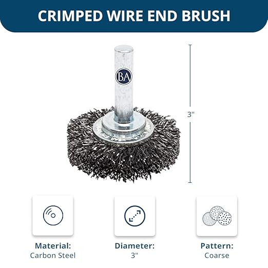 Benchmark Abrasives 3" Mounted Crimped Wire Wheel for Cleaning deburring on Cast Iron, Steel, Titanium, Nickel, 1/4" Shank for Rotary Tools (5 Pack) - Carbon Steel