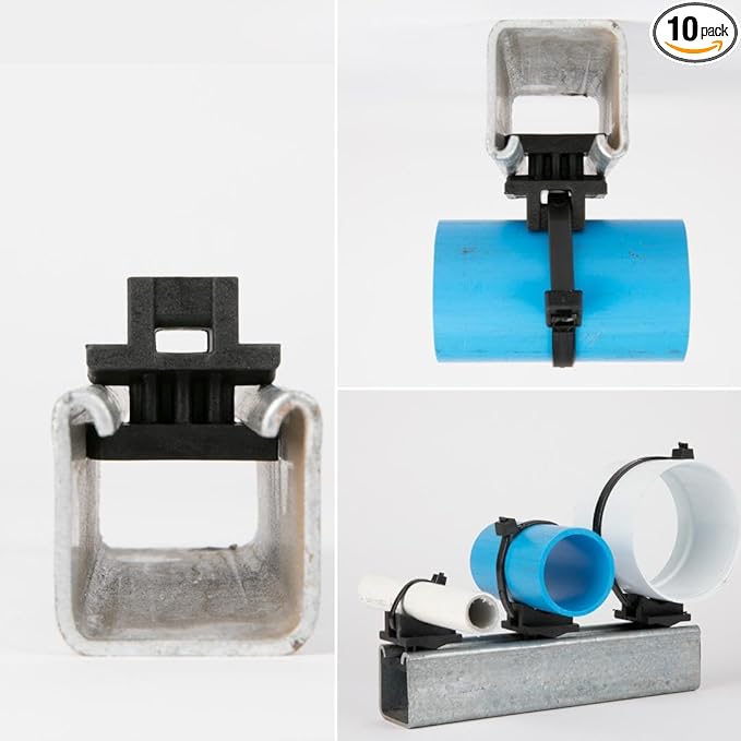 Strut Clamp for Piping and Conduit (10pcs & 100pcs), 3/8" to 5" Universal Size, Tool-Free Install, Made in USA, Non-Corrossive, Non-Conductive. (Uniclamp + Stainless Strap, 10)
