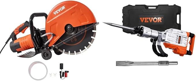 VEVOR Electric Concrete Saw, 14 in Circular Saw Cutter with 5 in Cutting Depth, Wet/Dry Disk & Demolition Jack Hammer, 3500W Jack Hammer Concrete Breaker 1900 BPM Heavy Duty Electric Jack