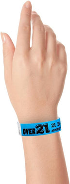 500 WristCo Over 21 Neon Blue Tyvek Wristbands for Events - ¾” x 10” - Waterproof Recyclable Comfortable Tear Resistant Paper Bracelets Wrist Bands for Concerts Festivals Admission Party