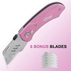 Vickay Box Cutter Utility Knife Heavy Duty with 5 SK5 Quick Change Blades, Safety Axis Lock Design Razor Knife, Lightweight Aluminum Body Belt Clip for Office (Pink)