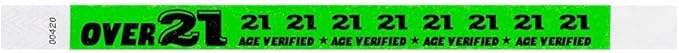 200 WristCo Over 21 Neon Green Tyvek Wristbands for Events - ¾” x 10” - Waterproof Recyclable Comfortable Tear Resistant Paper Bracelets Wrist Bands for Concerts Festivals Admission Party