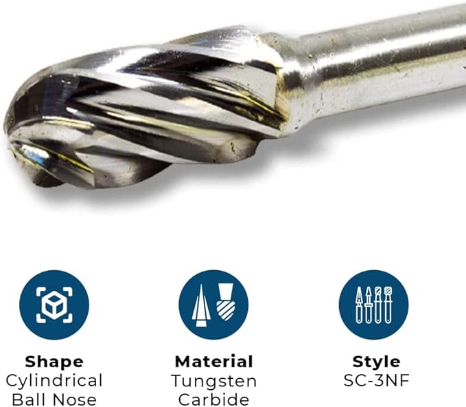 Benchmark Abrasives Ball Shape Premium Tungsten Carbide Burr with 1/4 Inch Shank Aluminum Cut Rotary Tool, Engraving Tool for Non-Metals Shaping Carving (SC-3NF)