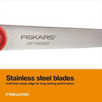Fiskars All-Purpose Left-Handed Scissors - Ergonomically Contoured - 8" Stainless Steel - Paper and Fabric Scissors for Office, Arts, and Crafts - Red