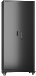 Garage Storage Cabinet with with Pegboard and Wheels,73" Metal Lockable File Cabinet with 2 Doors and 4 Adjustable Shelves,Tool Storage,Home Office Garage,Gym,School (Black)