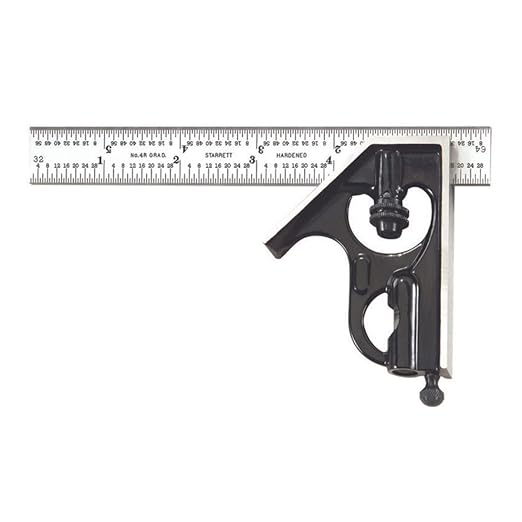 Starrett Steel Combination Square with Square Head - 6" Blade Length, Forged and Hardened Steel Heads, Reversible Lock Bolt, Scriber, Spirit Level, 4R Graduation Type - C33H-6-4R