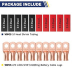 haisstronica 10pcs 2/0 AWG - 5/16"(M8) Battery Cable Lugs, Heavy Duty Copper Wire Lugs with 10pcs 3:1 Adhesive Heat Shrink Tubing, 00 Gauge Wire Lugs, Battery Terminal Connector, Battery Cable Ends