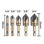 Cobalt Countersink Drill Bits Set(5PCS), M35 HSSCO 82 Degree 5 Flutes,1/4 Inch Quick Change Hex Shank for Stainless Steel, Metal, Wood, Carbon Steel 1/4'' 3/8'' 1/2'' 5/8'' 3/4''