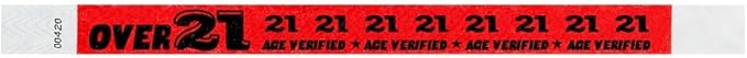 500 WristCo Over 21 Neon Red Tyvek Wristbands for Events - ¾” x 10” - Waterproof Recyclable Comfortable Tear Resistant Paper Bracelets Wrist Bands for Concerts Festivals Admission Party