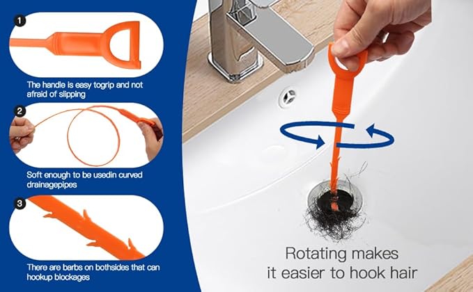 63 Inch Long Stainless Steel Drain Clog Remover (1pcs), 25 inch Drain Snake Hair Remover (6pcs) ＆23.6 inch Cleaning Brush (2pcs) Tool Set for Toilet, Kitchen Sink, Bathroom Tub, Sewer, 9, Pieces Set