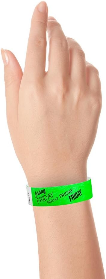 500 WristCo Friday Neon Green Tyvek Wristbands for Events - ¾” x 10” - Waterproof Recyclable Comfortable Tear Resistant Paper Bracelets Wrist Bands for Concerts Festivals Admission Party