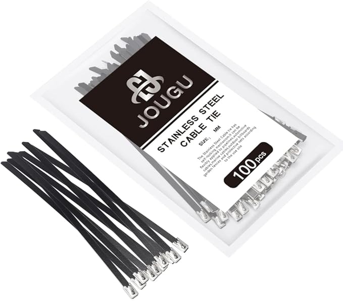 Metal Zip Ties Black 4 inch 304 Stainless Steel Epoxy Coated Locking Cable 220LB 100mm 100pcs Heavy Duty Exhaust Wrap Multi Purpose Binding for machinery, vehicles, farms, cables, pipes,Fence