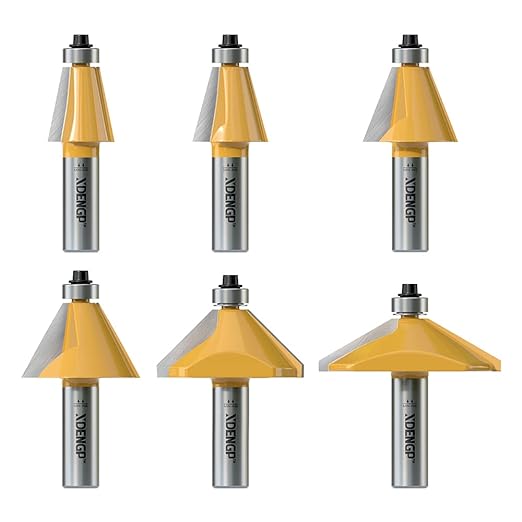 6Pcs Chamfer Router Bits Set 1/2 Inch Shank Carbide Edge Forming Bevel Router Bit with Bearing, Chamfer Bit Miter Angle Milling Cutters Tool, 11.25, 15, 22.5, 30, 45, 60 Degree