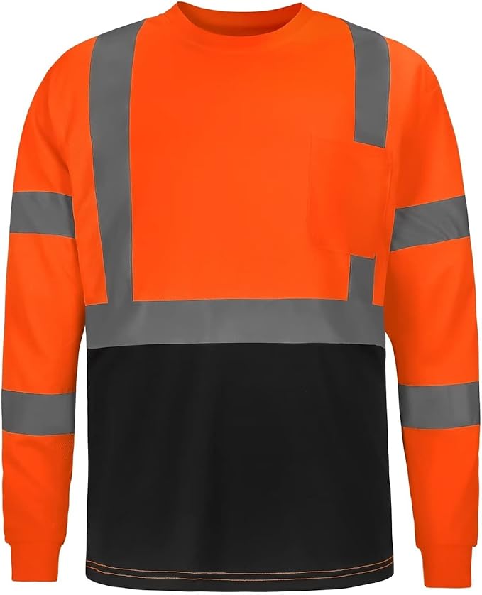 High Visibility Class 3 T Shirts，Hi Vis Safety Shirts with Reflective Strips and Pocket, Long Sleeve Quick Dry Mesh Construction Work Shirt for Men/Women Black Bottom Orange,2XL