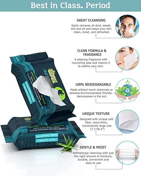 Combat Wipes ACTIVE Outdoor Wet Wipes - Extra Thick Camping Gear, Biodegradable, Body & Hand Cleansing/Refreshing Cloths for Backpacking & Gym w/Natural Aloe & Vitamin E (12 Pack, 300 Wipes)…