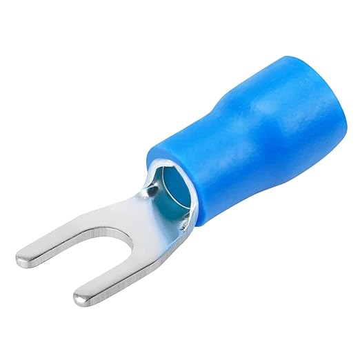 200 Pcs Insulated Fork Spade U-Type Wire Connectors, 16-14 AWG M4 Electrical Crimp Terminals, Stud Size #8 Size Blue Butt Connectors