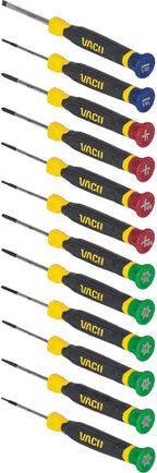VACO VAC7123 12-Piece Precision Screwdriver Set, Phillips, Slotted, TORX with Color Coded Handles, Ideal for Precise Tasks in Tight Spaces