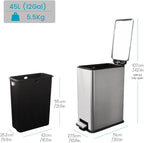 12 Gallon Slim Kitchen Trash Can, Metal Trash Can with Removal Inner Bucket and Soft-Close Lid, Foot Pedal, Stainless Steel Garbage Can 45 Liter, Silver