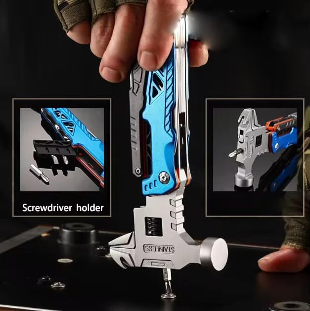 MALOM 18-in-1 Upgraded adjustable Hammer, Stainless Steel multitool Pliers with Replaceable Tungsten Wire Cutters, Bottle Opener, Nylon Sheath, Ideal for Camping, Survival, Hunting (Blue)