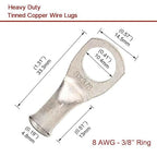 Heavy Duty Tinned Battery Ring Terminals (25 pcs.), 8 AWG 3/8" Stud, Tubular Copper Ring Connectors