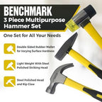 Benchmark - 3 Piece Hammer Set; 16 OZ. Claw Hammer, Tack Hammer; Rubber Mallet (Double SIded); Shock Absorbing Rubber Grips, Durable Fiberglass Handles And Polished Steel Heads