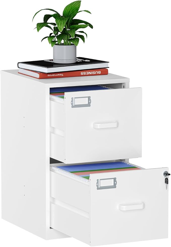 MIIIKO 2 Drawer Filing Cabinet with Lock, Metal Vertical File Cabinets for Home Office, Lockable File Storage Cabinets Under Desk, Letter/A4 File Folders Storage（White-Assembly Required