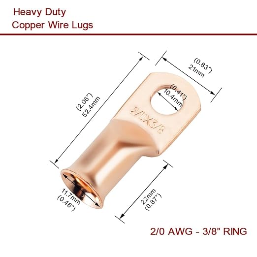 16Pcs 2/0 AWG 3/8 Cable Terminals Heavy Duty Copper Wire Lugs with 16Pcs Heat Shrink Tubing 2/0 Gauge Ring Terminals 00 Gauge Battery Cable Ends Bare Copper Eyelets Ring Terminal for Car Marine