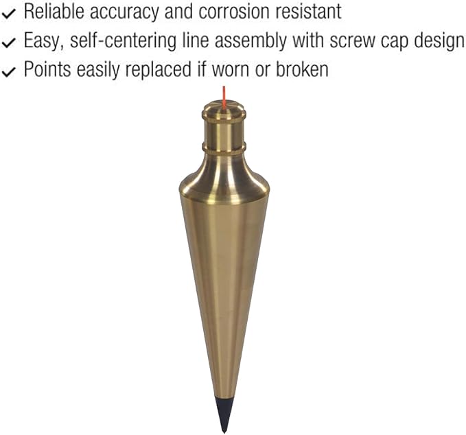 Solid Brass Plumb Bob, Brass Construction, Stainless Steel Point, Professional Centering Tool, Replaceable Tip (8oz)
