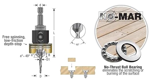 Amana Tool 55156 Carbide Tipped 82 Degree Countersink with Tapered Drill and Adjustable Depth Stop with No-Thrust BB 3/8 D x 5/64 Drill D x 1/4 Inch Quick Release Hex SHK