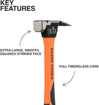 Klein Tools H80918 Smooth Face Fiberglass Hammer with Straight Claw, 18-Ounce Forged Steel, Magnetic Nail Starter, and Extra-Large Squared Strike Face