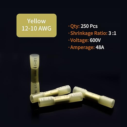 12-10 AWG Heat Shrink Butt Connectors, 250Pcs Yellow Waterproof Crimp Electrical Wire Connectors Splice Marine Automotive Cable Wiring Terminals