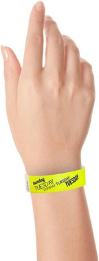 500 WristCo Tuesday Neon Yellow Tyvek Wristbands for Events - ¾” x 10” - Waterproof Recyclable Comfortable Tear Resistant Paper Bracelets Wrist Bands for Concerts Festivals Admission Party