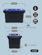 WYT Plastic Storage Bins with Lids and Latch, 6-Pack Small Stackable Plastic Organizing Box with Buckle and Handle, 3.5 Quart Durable Nestable Totes Containers (Black/Blue)