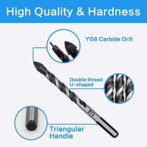 5-Piece 9/16“ Masonry Drill Bits for Tile Glass Ceramic Wall Brick Stone Soft-Metal Wood,9/16 Inch Concrete Drill Bits Cement Drill Bit Set, 3-Flat Shank, YG8 Carbide Tungsten Steel Alloy Tip 14mm
