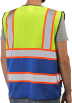 Dib Safety Reflective Mesh Vest High Visibility Two Tone with Pockets and Zipper, Yellow and Blue Mesh with Orange Trim M