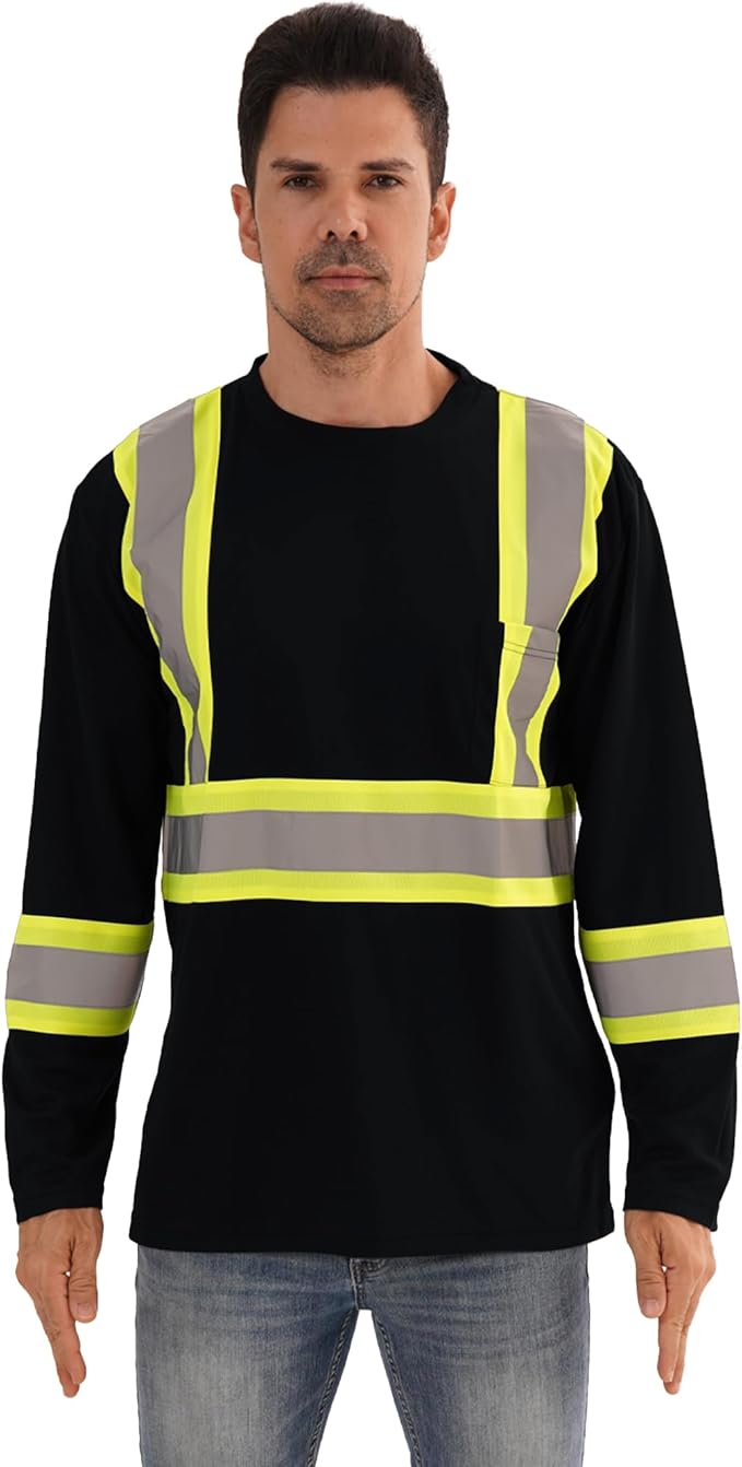 Hi Vis Safety Long Sleeve Shirts，High Visibility Class 3 T Shirts with Reflective Strips and Pocket, Quick Dry Mesh Construction Work Shirt for Men/Women (Black,3XL)