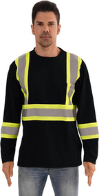 Hi Vis Safety Long Sleeve Shirts，High Visibility Class 3 T Shirts with Reflective Strips and Pocket, Quick Dry Mesh Construction Work Shirt for Men/Women (Black,Small)