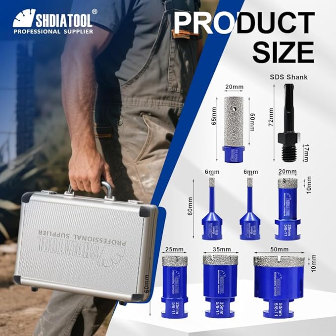 SHDIATOOL Diamond Core Drilling Bits Set for Porcelain Hole Saw Cutter for Tile Marble Ceramic Granite Kit 5/8-inch-11 8pieces
