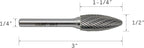 LU&MN SH-5 Tungsten Carbide Burr Rotary File Flame Shape Double Cut (1/2” Cutter Dia X 1-1/4”Cutter Length) with 1/4'' Shank Dia,3PCS