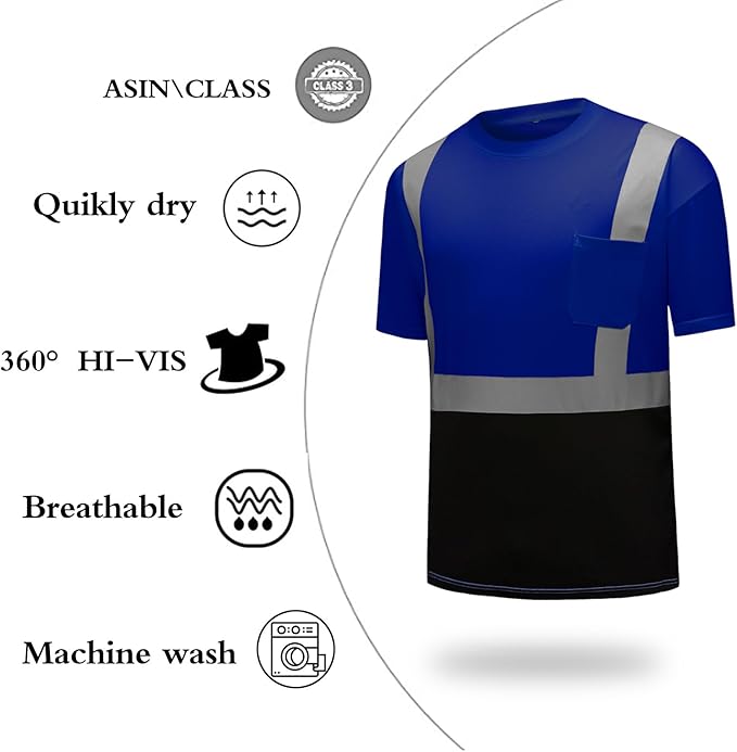 High Visibility Shirts Quick Dry Safety T Shirts with Reflective Strips and Pocket Short Sleeve Mesh Hi Vis Construction Work Class 2 Shirt for Men/Women Black Bottom Blue,Medium