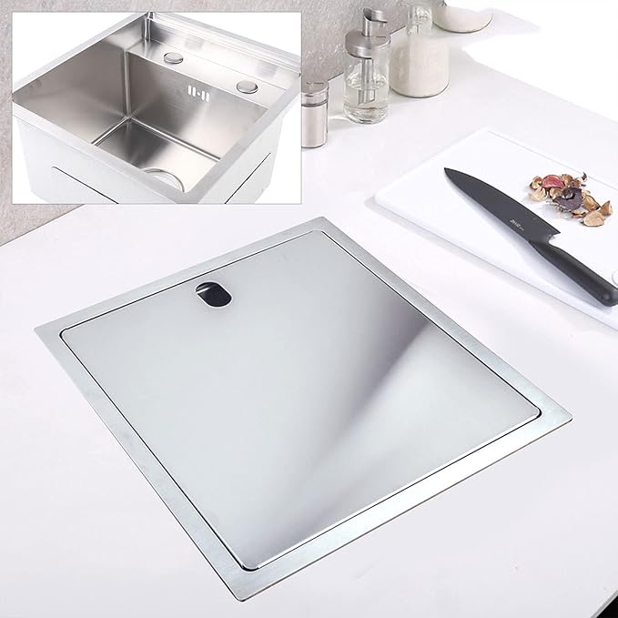 15-inch Hidden RV Bar Kitchen Sink with Folding Faucet, Cover, Drain Pipe and Strainer Full Set, Small Stainless Steel Sink for Workstation, RV, Prep Kitchen and Bar(Silver)