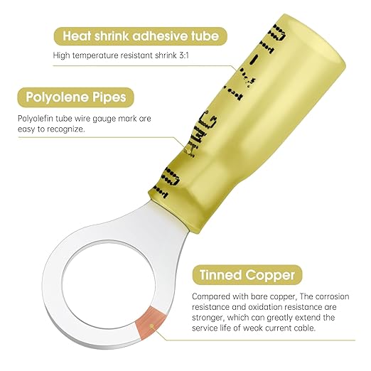 50 Pack Heat Shrink Ring Terminals - 5/16" - Yellow 12-10 AWG Marine Grade Heat Shrink Wire Connectors - Tinned Red Copper Eyelet Wire Connectors