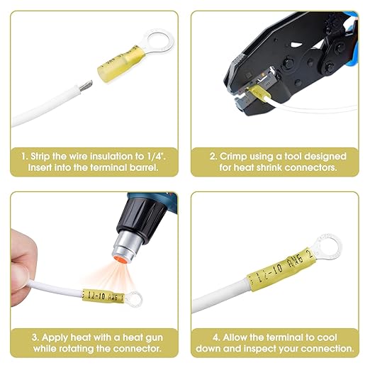 50 Pack Heat Shrink Ring Terminals - 3/8" - Yellow 12-10 AWG Marine Grade Heat Shrink Wire Connectors - Tinned Red Copper Eyelet Wire Connectors