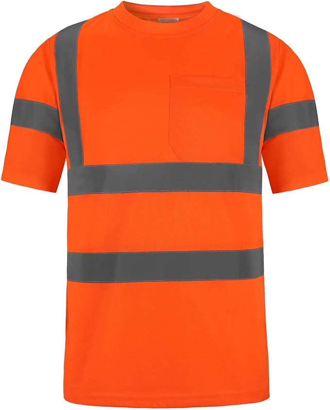 High Visibility Class 3 T Shirts，Hi Vis Safety Shirts with Reflective Strips and Pocket, Short Sleeve Quick Dry Mesh Construction Work Shirt for Men/Women Orange,Large