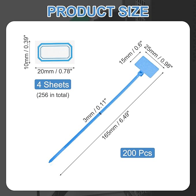 PATIKIL 6inch Zip Ties, 200pcs Cable Ties Tags Nylon Wire Marking Label Self Locking Plastic Straps Write on with Label Tags Paper for Organization Cord Network Ethernet Marking, Blue